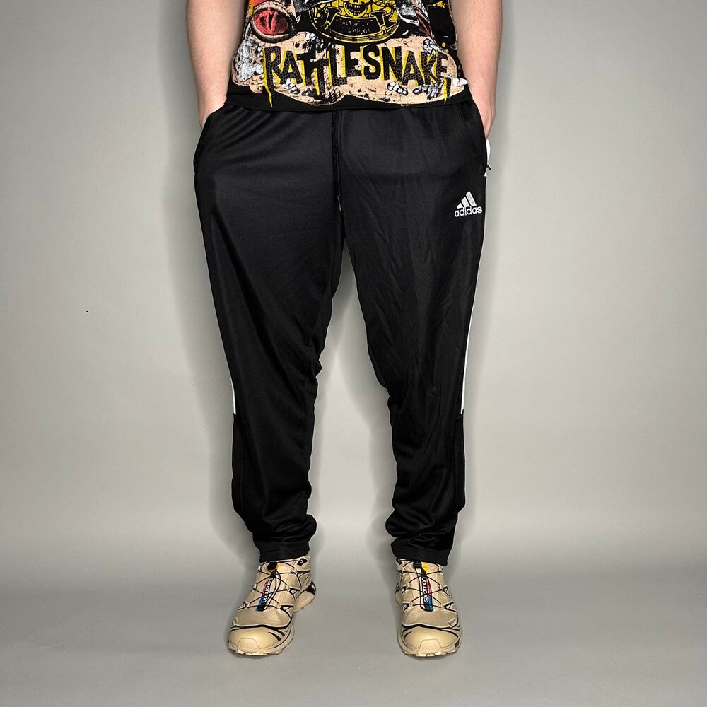 Vintage Y2K Adidas Sweatpants Mens XL Black Polyester Joggers White 3 Stripes - Picture 2 of 4